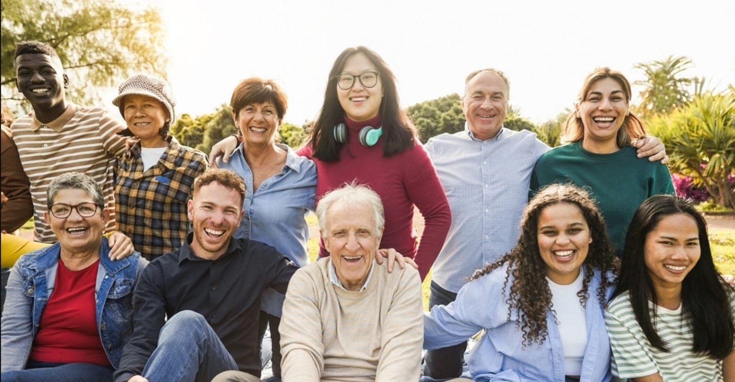 A smiling, multigenerational group of friends gathered outdoors
